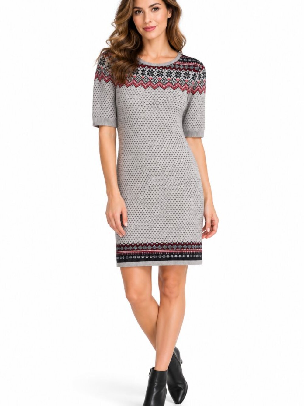 Gray Fair Isle Knit Sweater Dress Nordic Pattern Short Sleeve